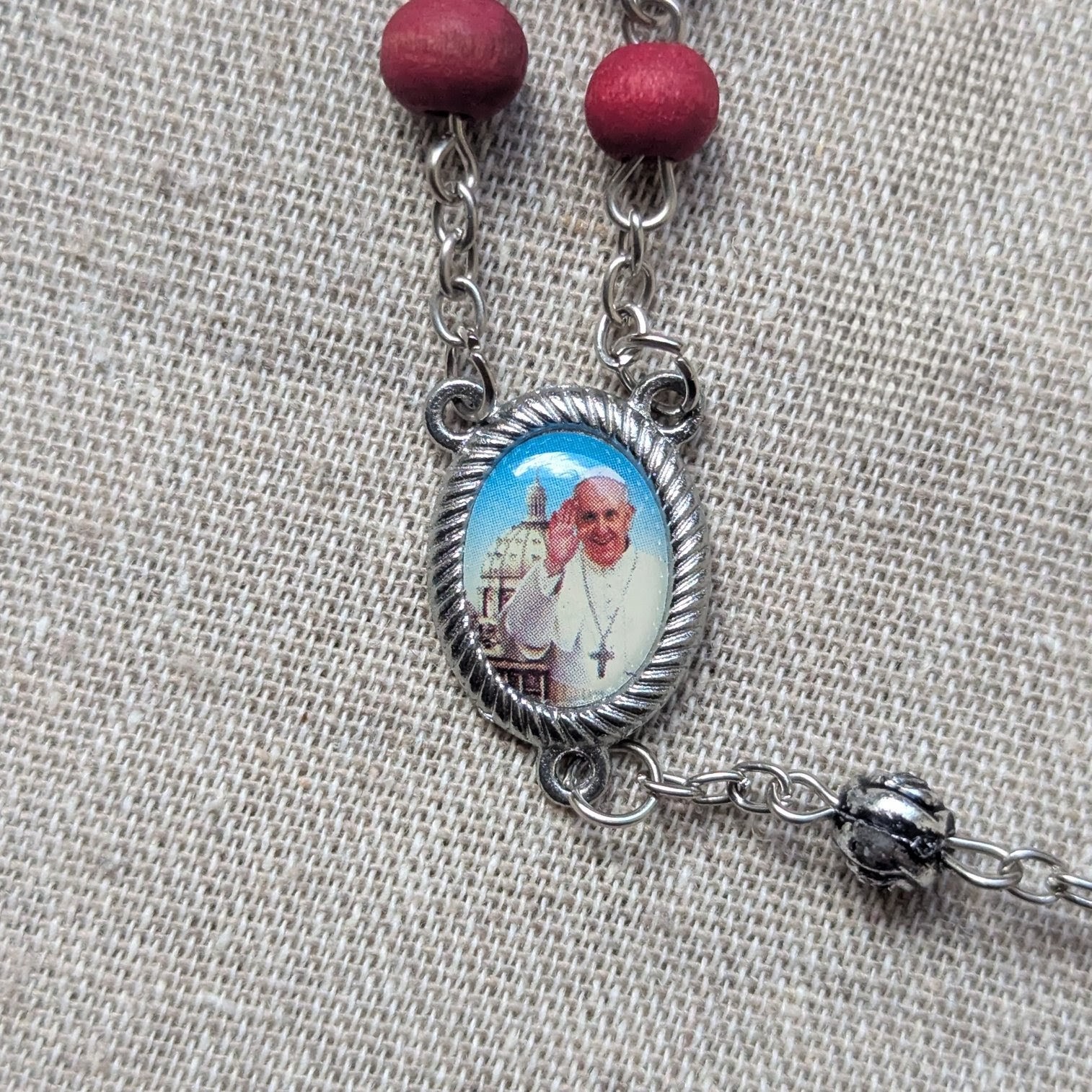 burgundy Pope Francis wooden rosary