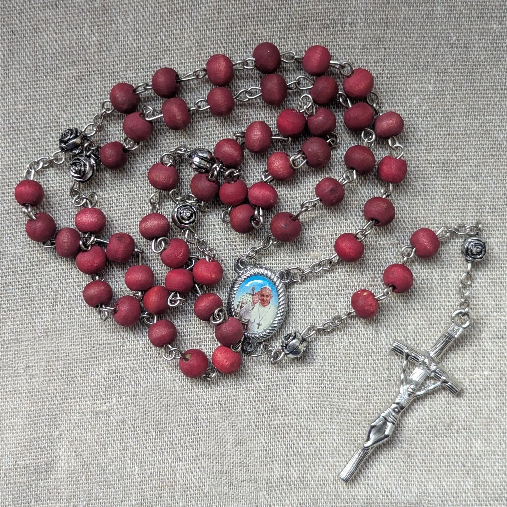 burgundy Pope Francis wooden rosary