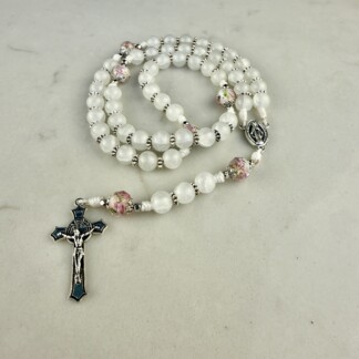 Ave Maria Rosary with white glass and rose glass beads