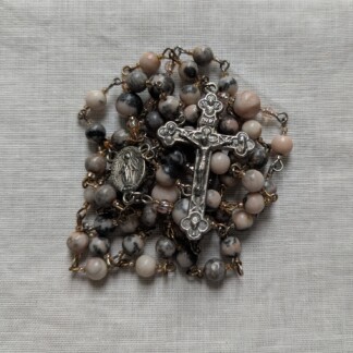ornate pink zebra jasper stoned rosary