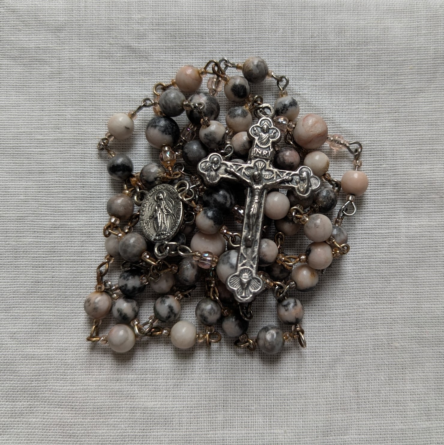 ornate pink zebra jasper stoned rosary