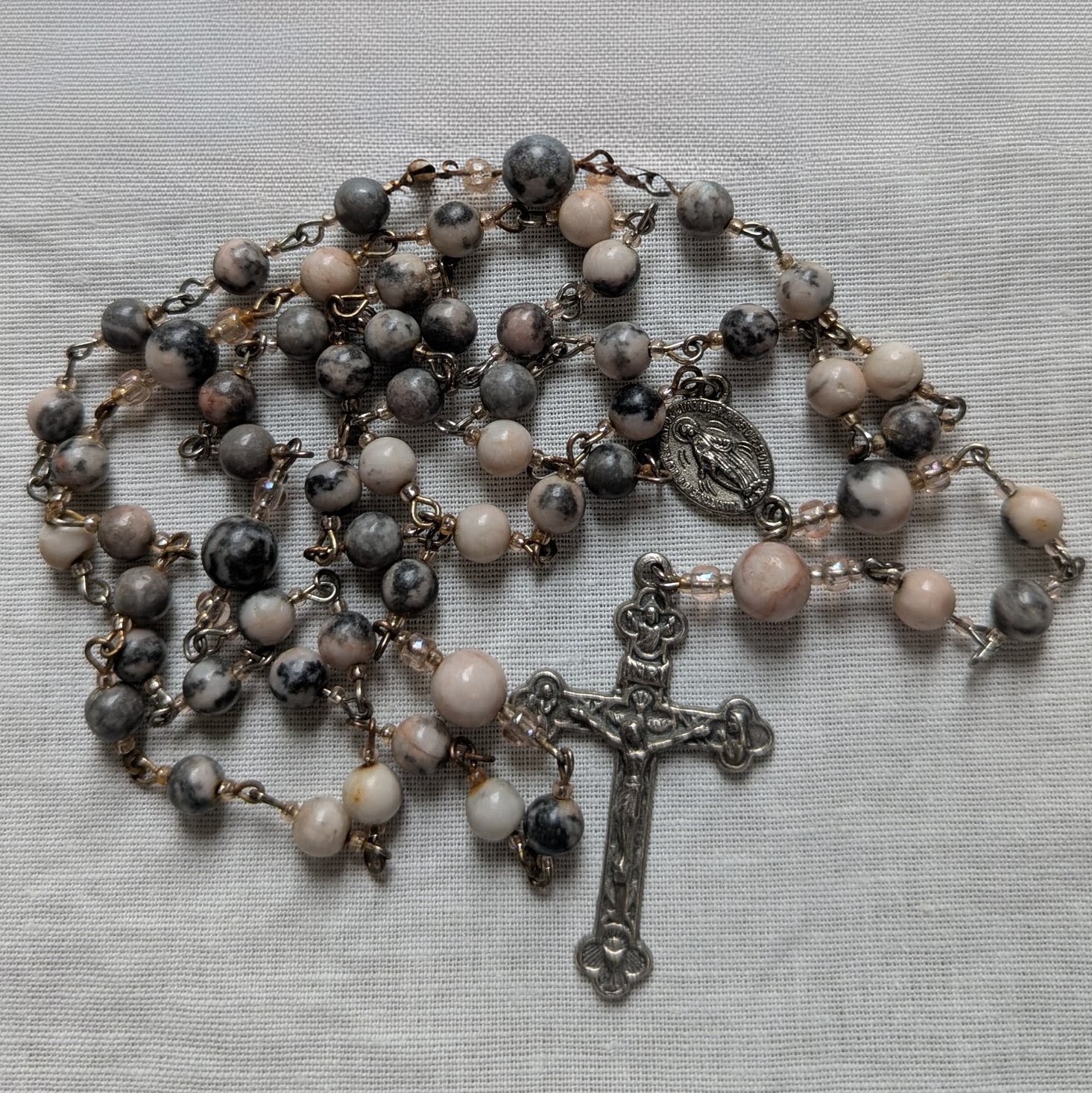 ornate pink zebra jasper stoned rosary