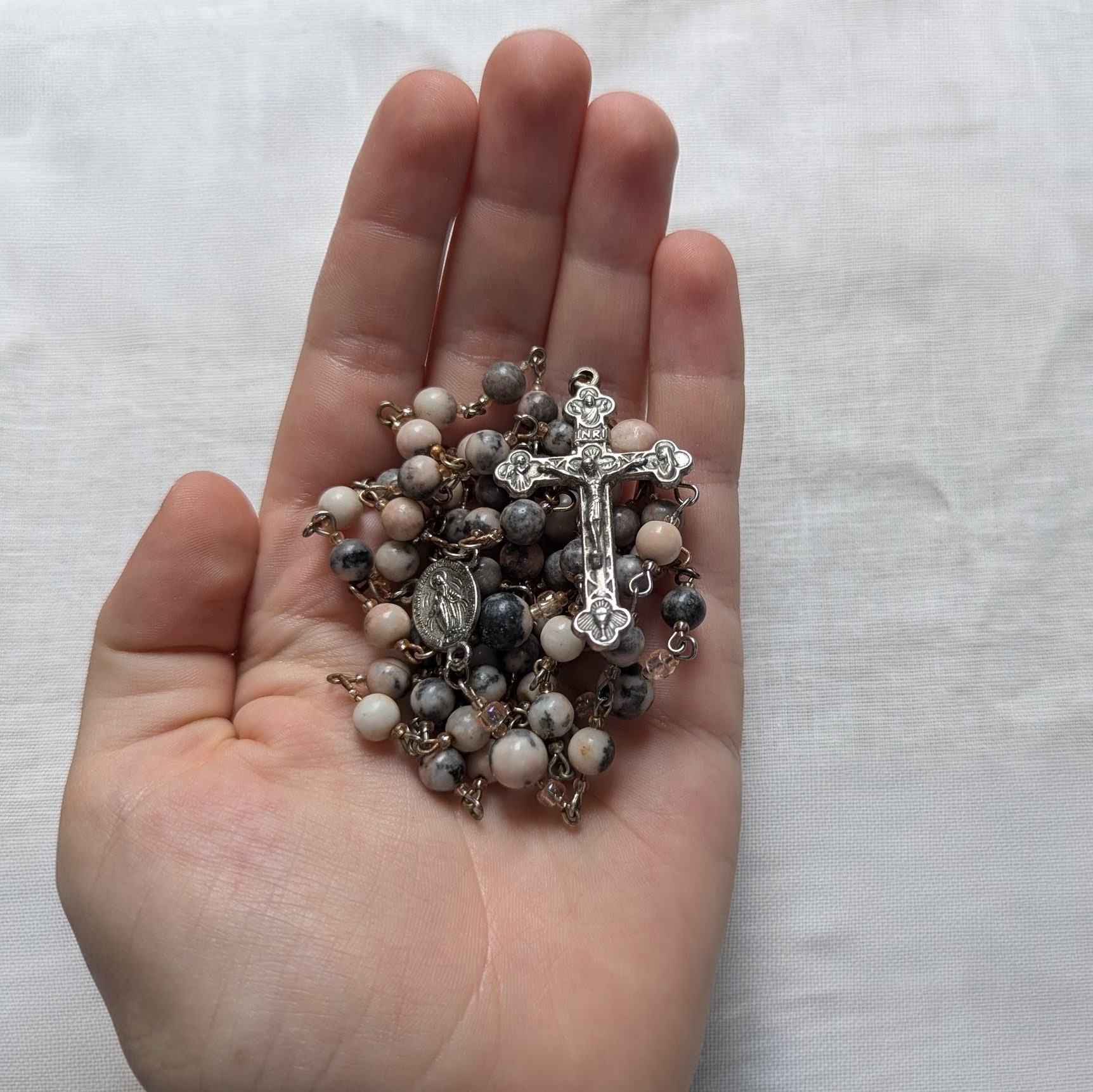 ornate pink zebra jasper stoned rosary