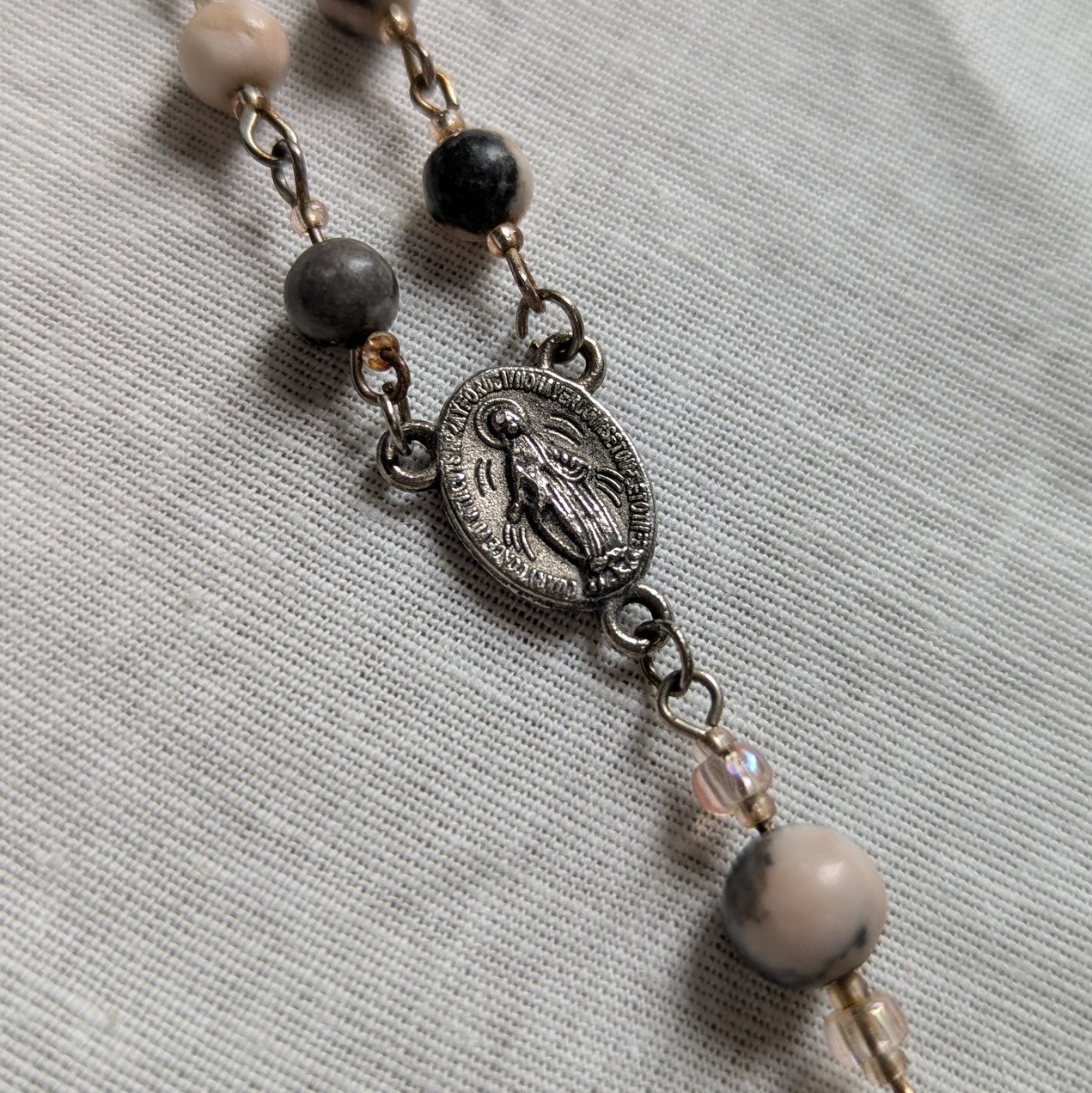 ornate pink zebra jasper stoned rosary