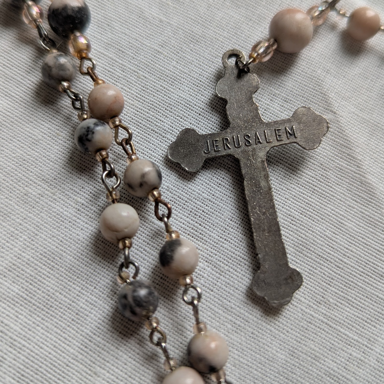 ornate pink zebra jasper stoned rosary